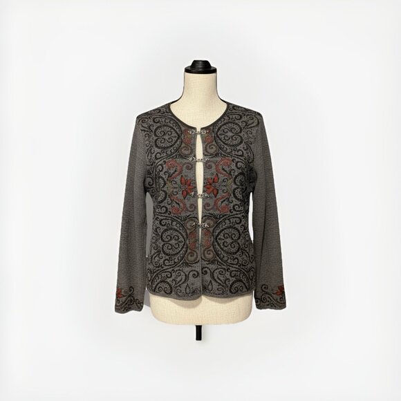 Grupo Esmeralda Vtg Grey 100% Baby Alpaca Wool Floral Embroidered Cardigan Lg - Picture 1 of 5